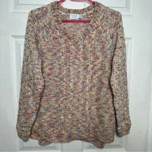 Time And True Cable  Knit Sweater V-Neck White/Multicoloured Size Large